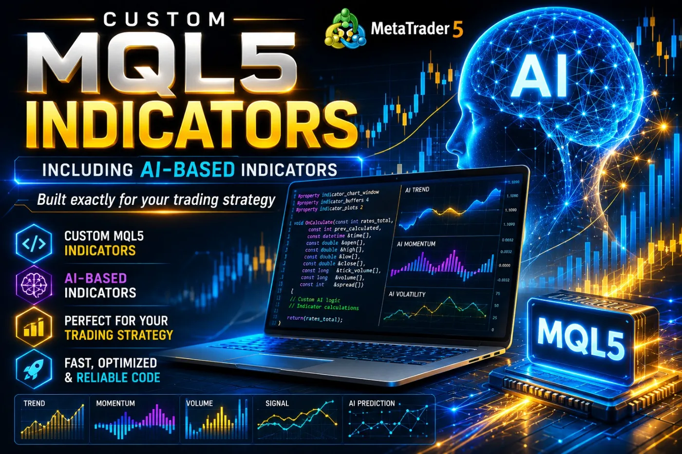Custom MQL5 indicator development for MetaTrader 5, including AI-based indicators