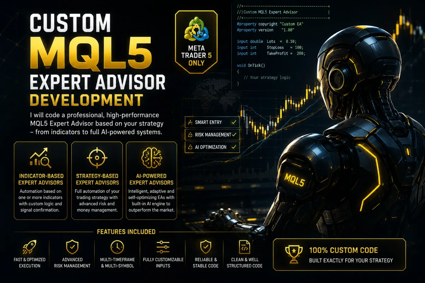Custom MQL5 Expert Advisor development — indicator-based, strategy-based and AI-powered trading robots for MetaTrader 5