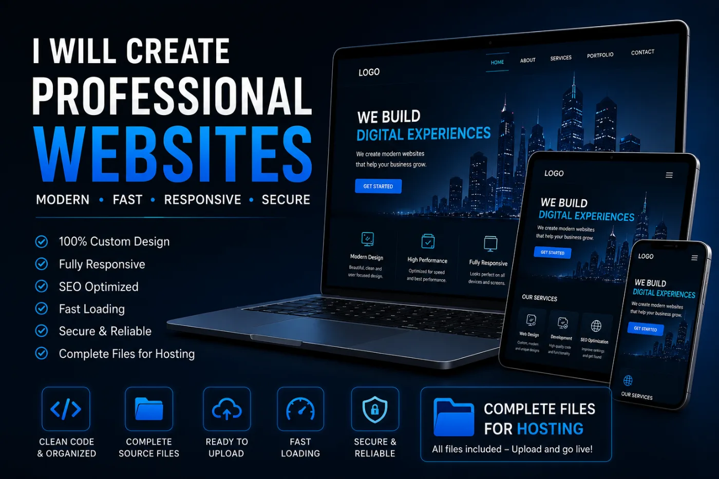 Professional custom website development — modern, fast, responsive, secure and SEO-optimized